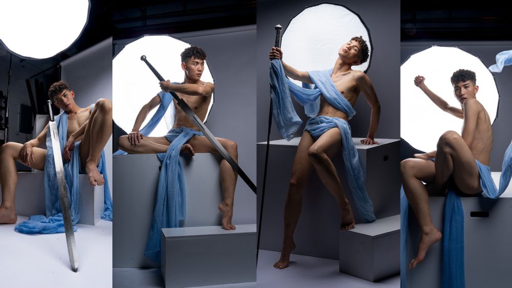 Several art pose references of a young man draped in light blue fabric holding a sword. 