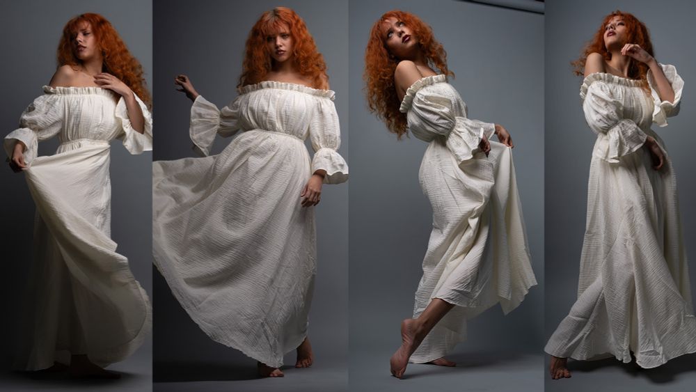 Pose refers to a white female with red hair, dark red lips, and freckles. She's wearing a white gown and posing in various ways while holding the dress. 
