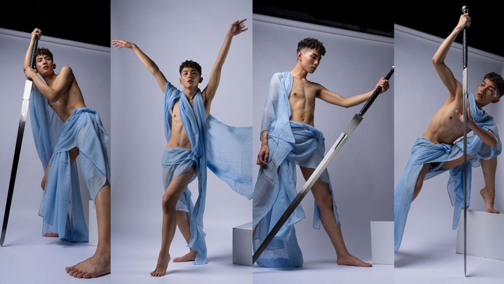 Several art pose references of a young man draped in light blue fabric holding a sword. 