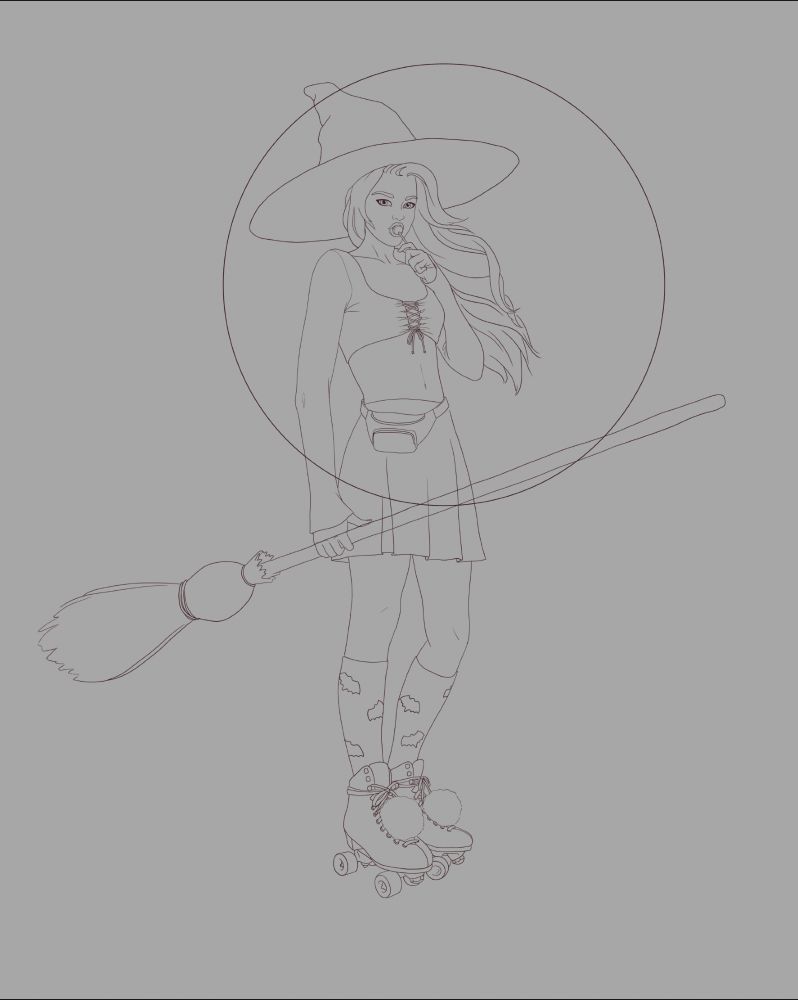 Witchy roller skater with her broom.