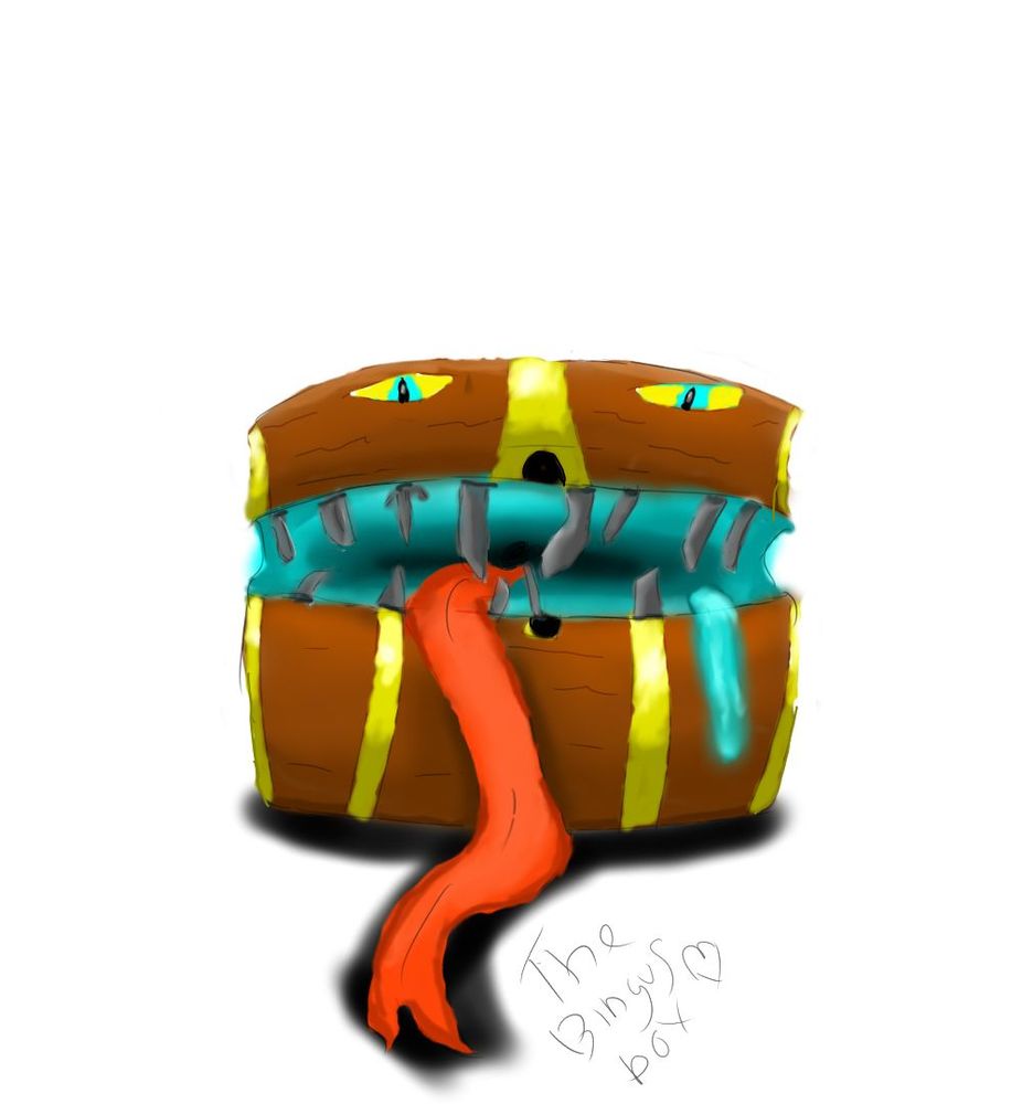 a mimic with a dark teal void in it's mout adn instead of teeth, it has lots of knives and daggers of different shapes with a hunge tounge lashing out