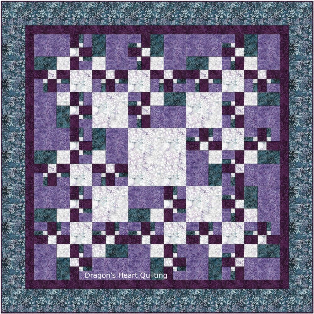 A square quilt design with a central spiral pattern inspired by the Fibonacci sequence, made up of rectangular sections in progressively larger sizes. Each section is filled with swirling, leafy, and floral motifs in varied colors, creating a vibrant, textured effect. The spiral starts small in one corner and expands outward, giving a dynamic sense of movement.