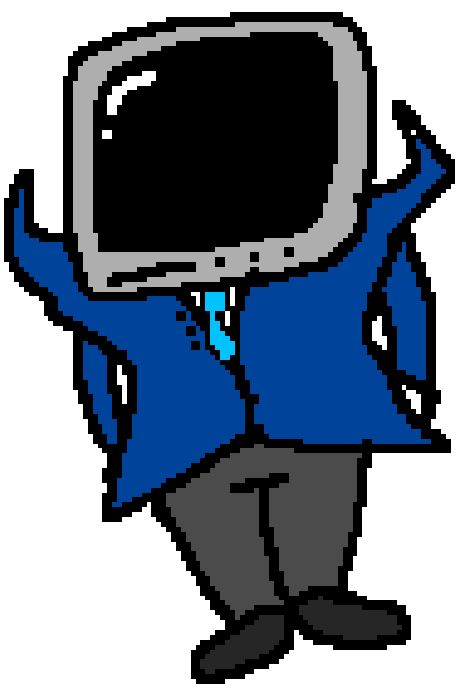 A CRT headed character in a dark blue suit with a light blue tie