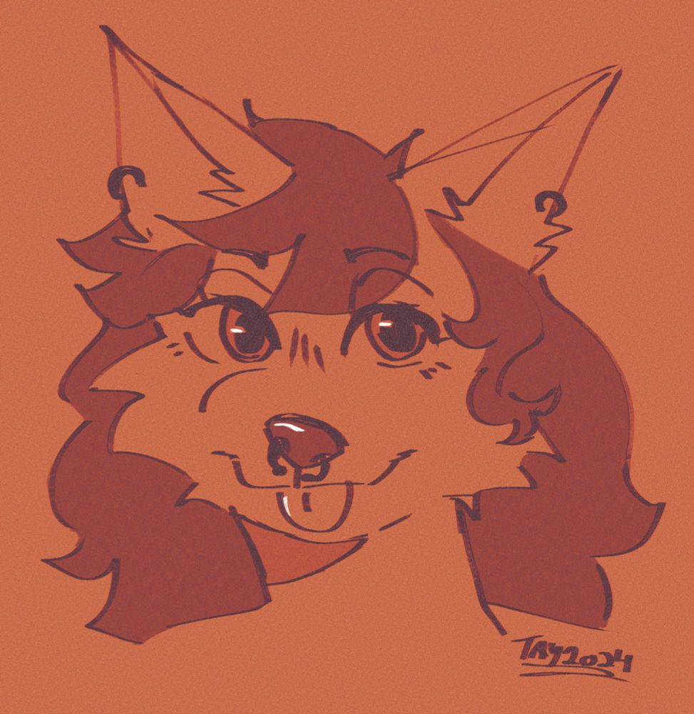 Monochrome orange neck up drawing of a anthropomorphic wolf looking at the viewer while letting her tongue hang out