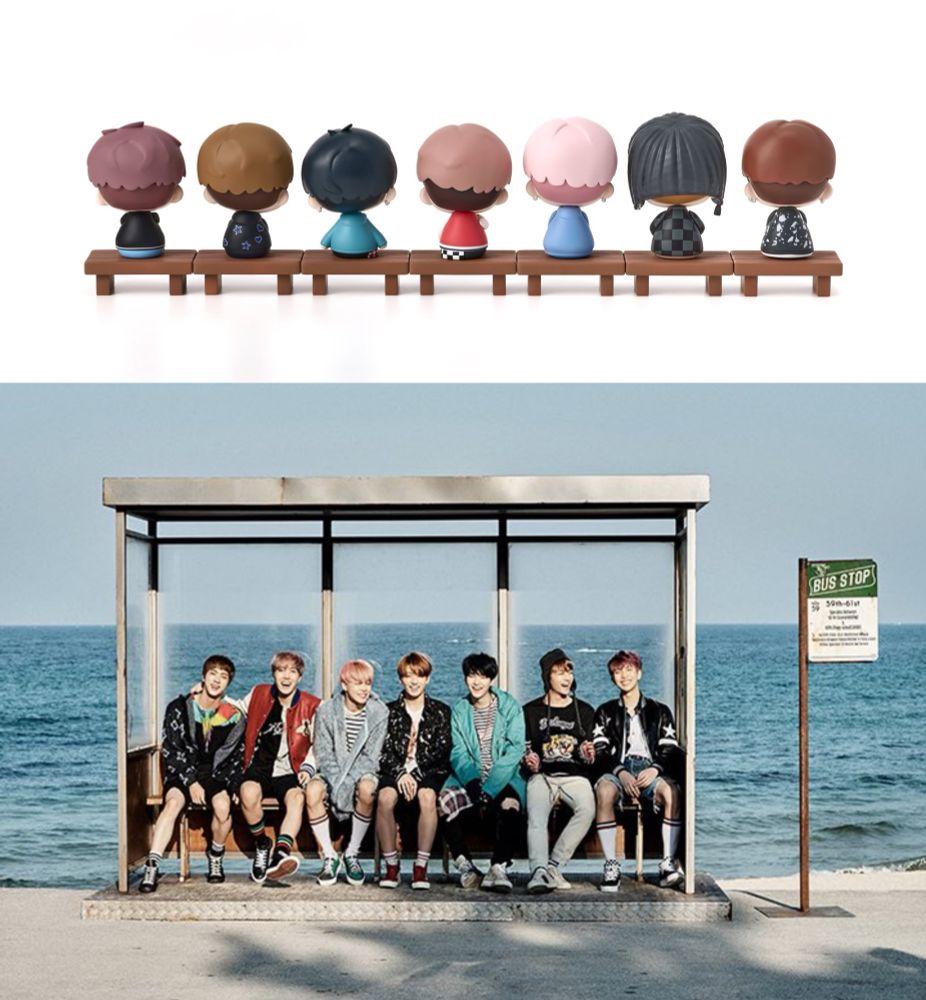 Spring Day-themed BTS Island figures on top of BTS’ photo at the infamous Spring Day Bus Stop 