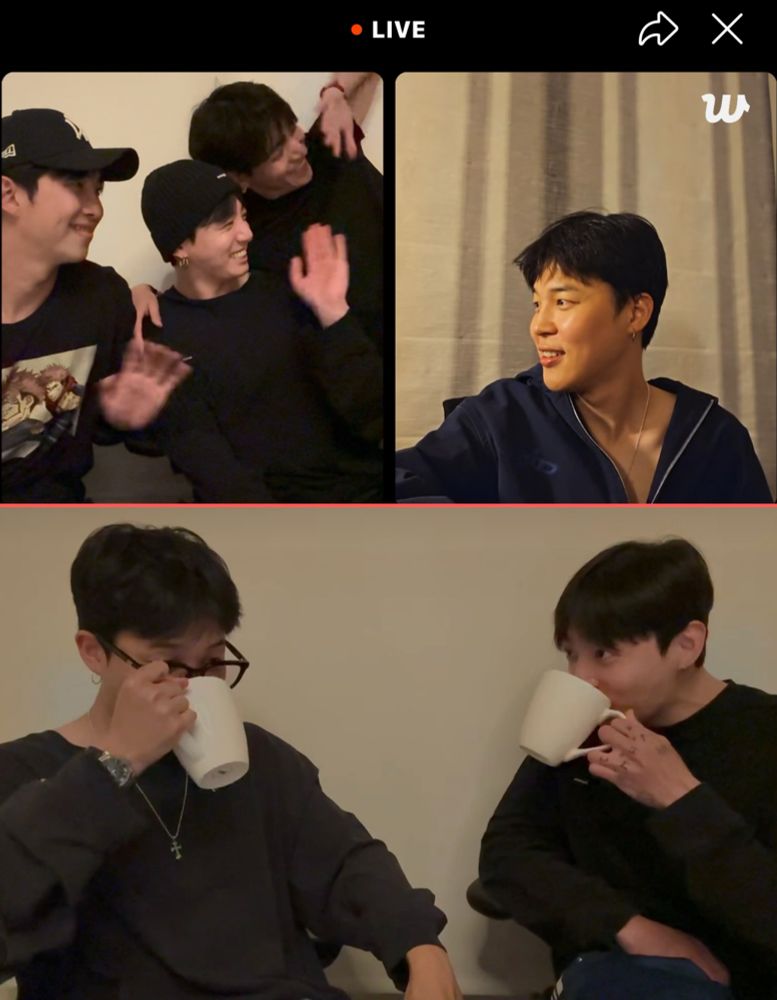 Namjoon, Jimin, Taehyung, and Jungkook; collage of screenshots from their recent Weverse live broadcasts. 