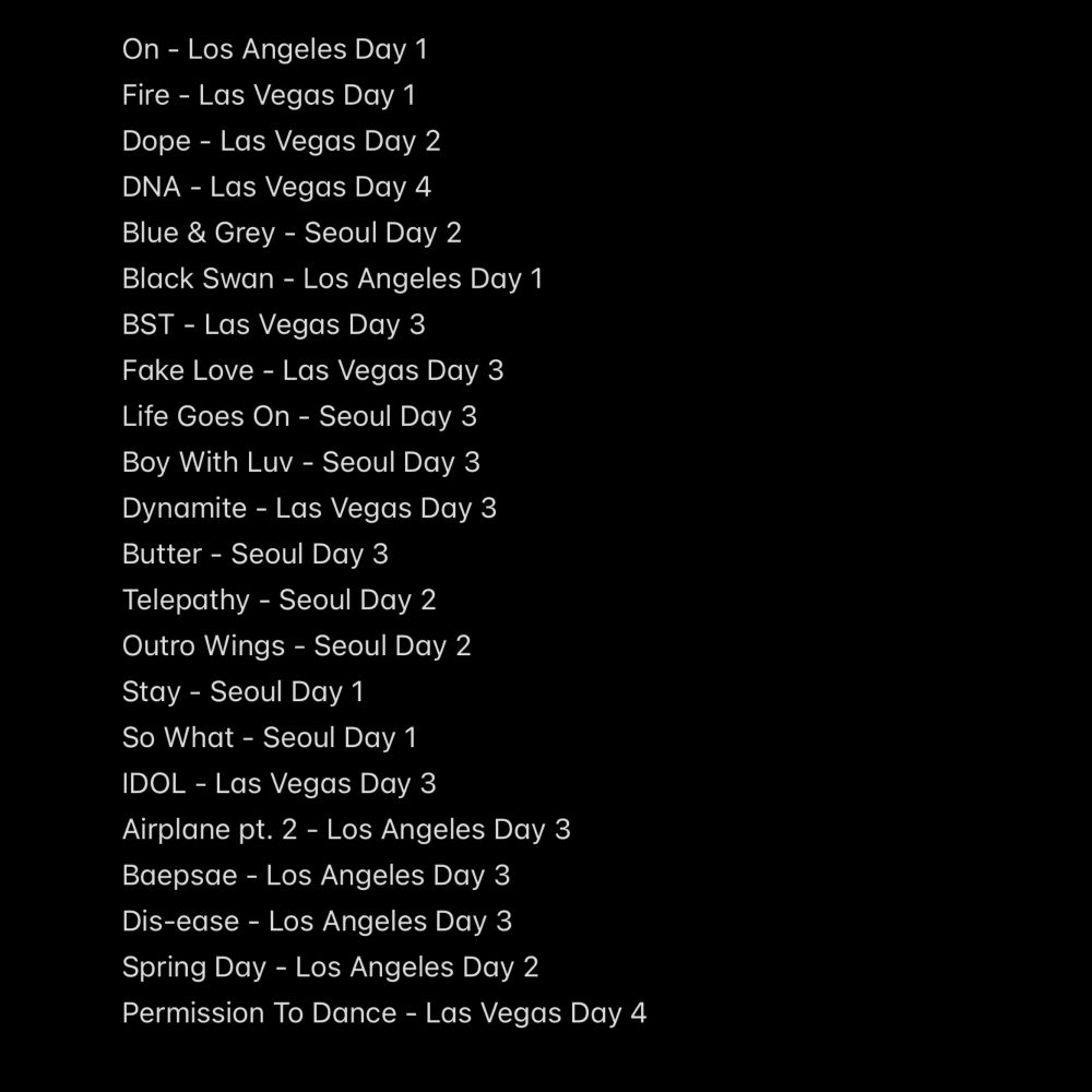 On - Los Angeles Day 1
Fire - Las Vegas Day 1
Dope - Las Vegas Day 2
DNA - Las Vegas Day 4
Blue & Grey - Seoul Day 2
Black Swan - Los Angeles Day 1
BST - Las Vegas Day 3
Fake Love - Las Vegas Day 3
Life Goes On - Seoul Day 3
Boy With Luv - Seoul Day 3
Dynamite - Las Vegas Day 3
Butter - Seoul Day 3
Telepathy - Seoul Day 2
Outro Wings - Seoul Day 2
Stay - Seoul Day 1
So What - Seoul Day 1
IDOL - Las Vegas Day 3
Airplane pt. 2 - Los Angeles Day 3
Baepsae - Los Angeles Day 3
Dis-ease - Los Angeles Day 3
Spring Day - Los Angeles Day 2
Permission To Dance - Las Vegas Day 4