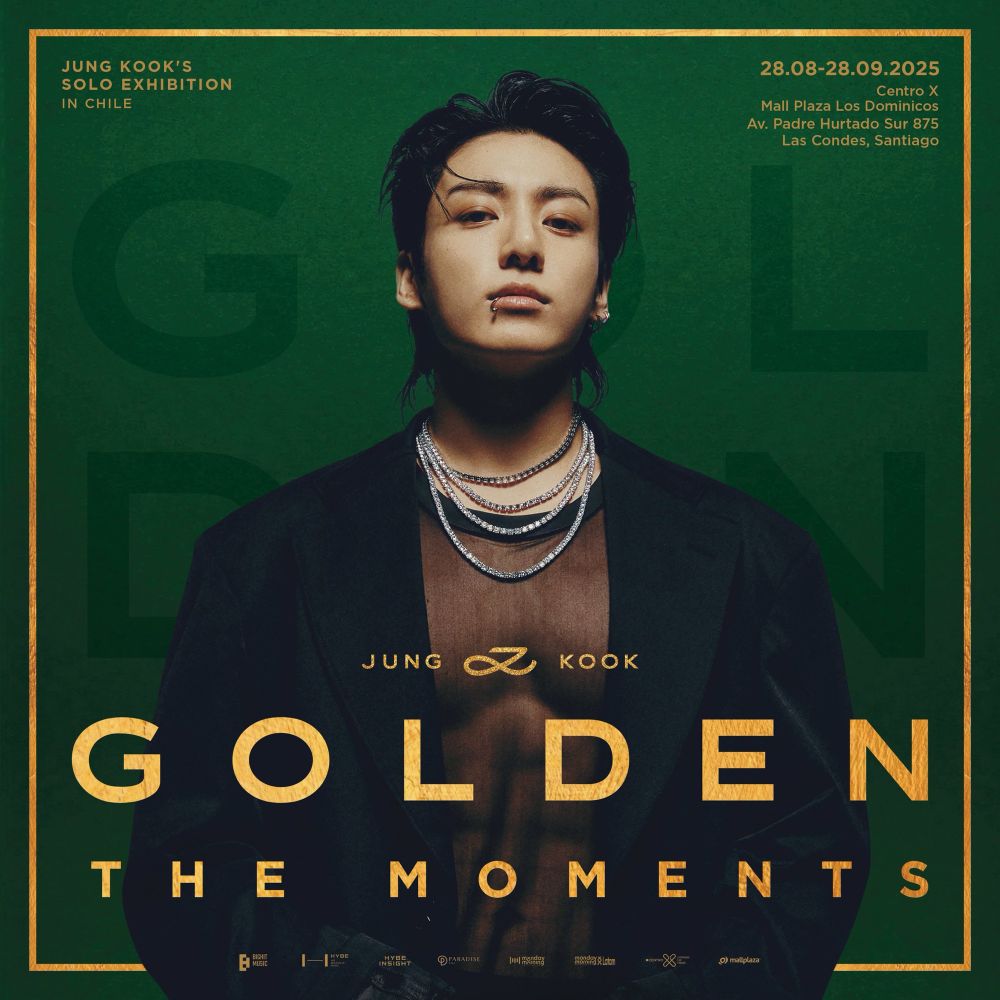 Jungkook Golden The Moments exhibit poster with him in black muscle tee and suit jacket with the green background 