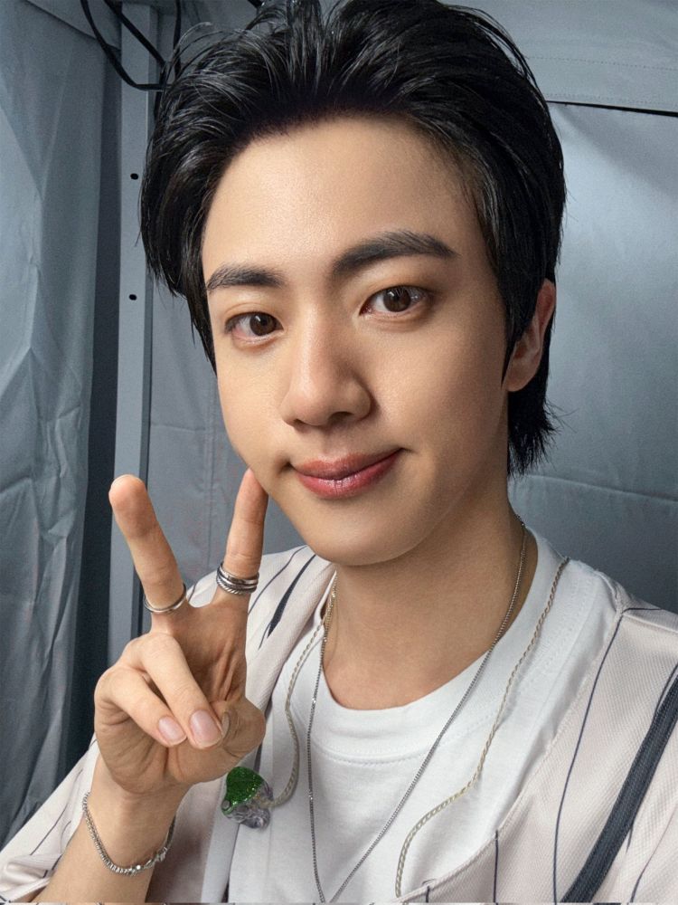 Seokjin backstage selfie holding up a V