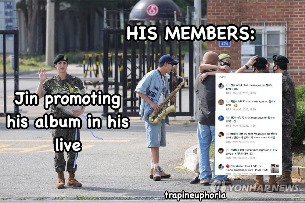 Seokjin’s discharge photos made into a meme depicting his Echo comeback live