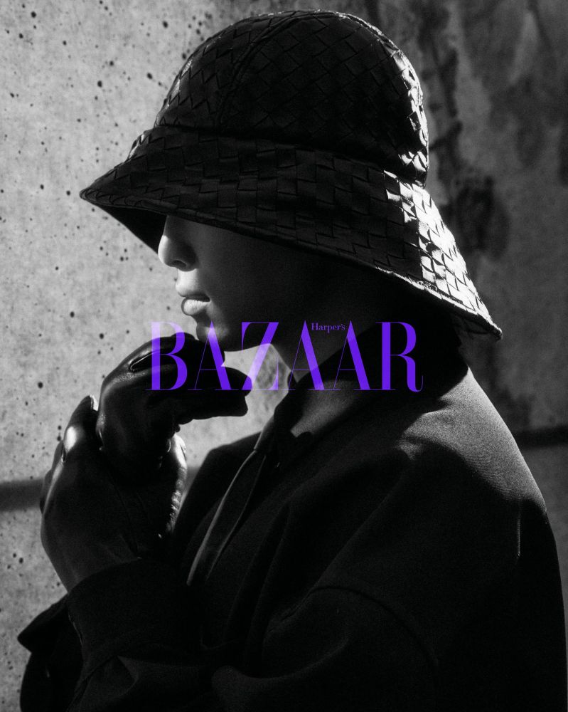 Namjoon in black and white, sideview profile, wearing Bottega 
