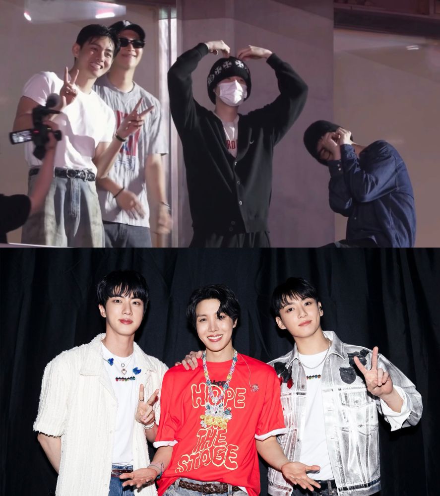 Two photos stitched as one of BTS members. Top: Taehyung, Namjoon, Yoongi, and Jimin while watching the concert. Bottom: Seokjin, Hobi, and JK backstage possibly before performing Jamais Vu. 