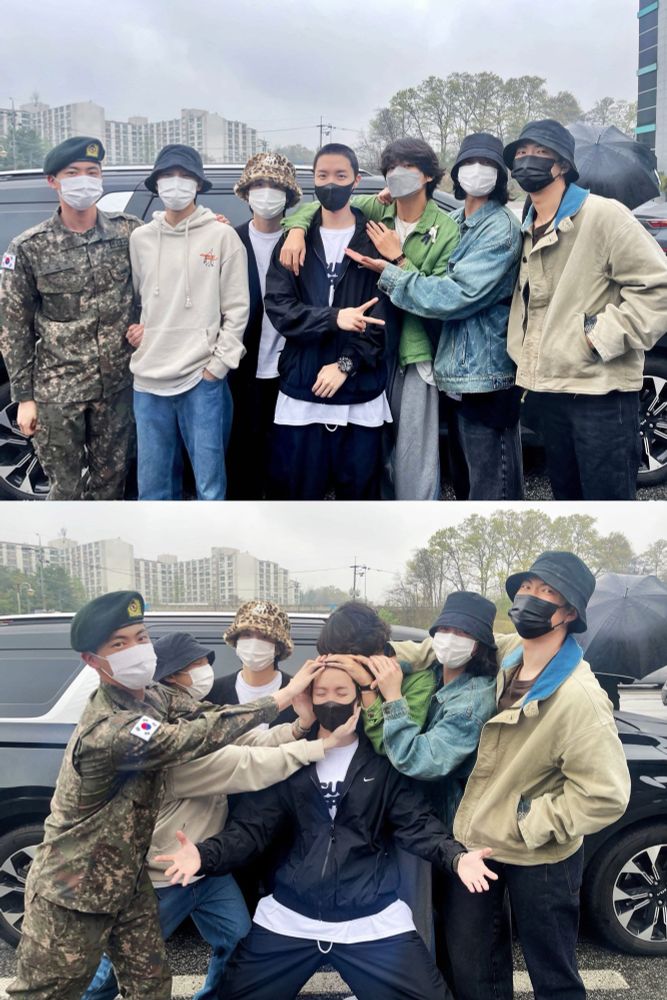 Two group photos of BTS in casual clothing (except for uniformed Jin), doting on Hobi pre-enlistment. 