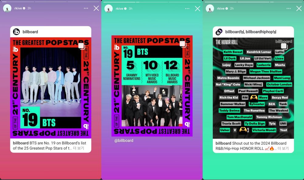 Three Instagram stories showing Billboard recognition for BTS and himself (RM)