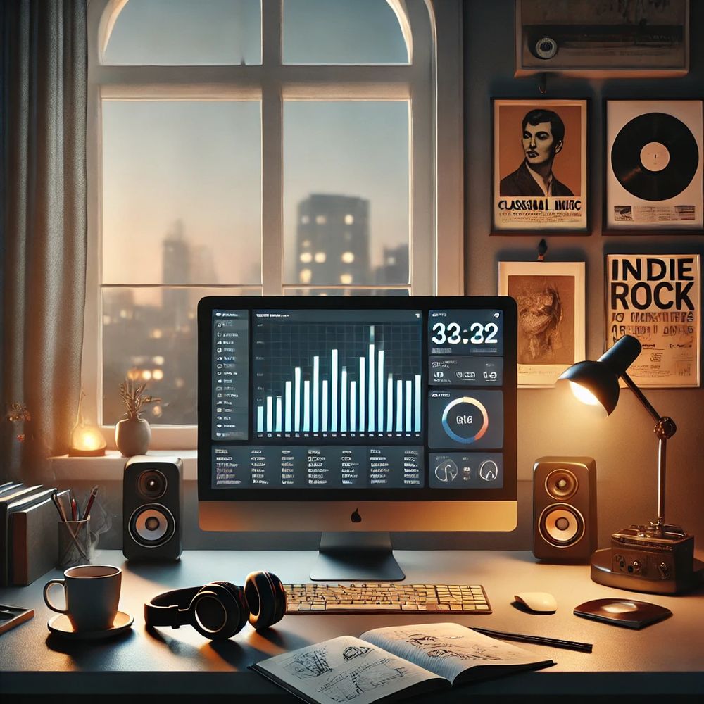 Picture generated by AI when I asked it to make an image based on what it knows about it. 
Showing a desk by a window of a city at night with coffee, headphones and musical references. Computer shows analytics and there's a lamp on in the corner. 