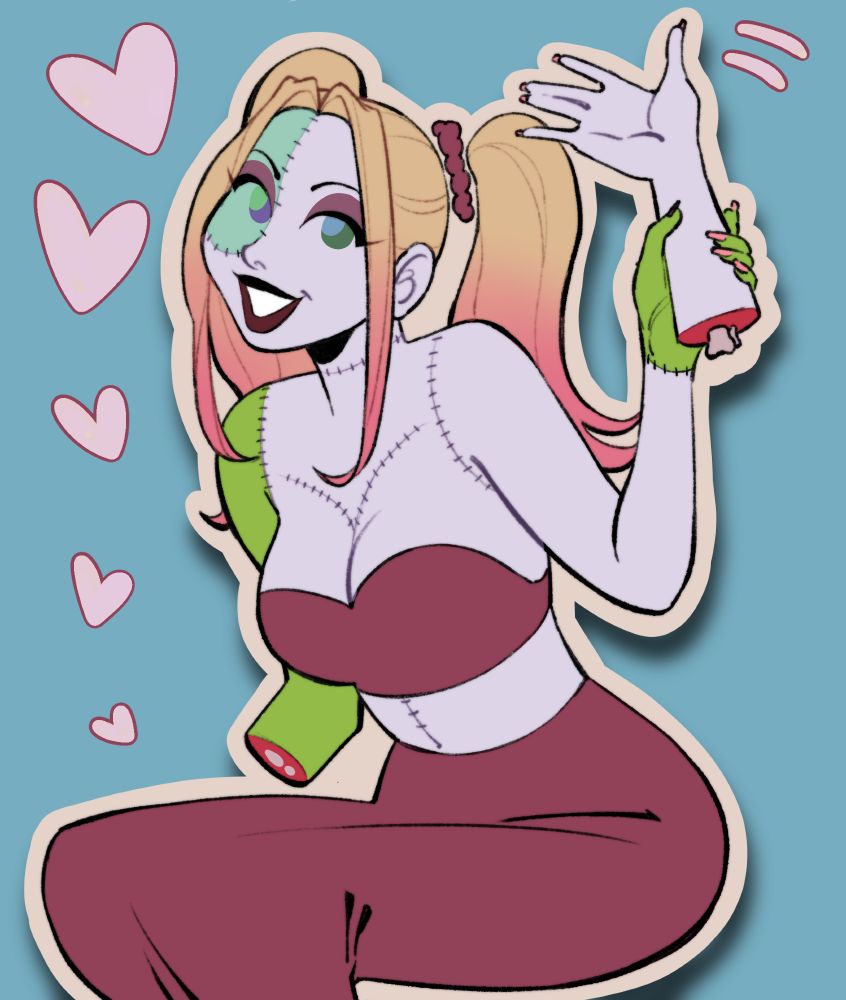 A zombie girl with blonde hair in pigtails, pink at the ends. Her body is sewn together at various parts, with some being different colors. Her eyes are mismatched, with one being blue and the other green. She is waving and smiling to the viewer.