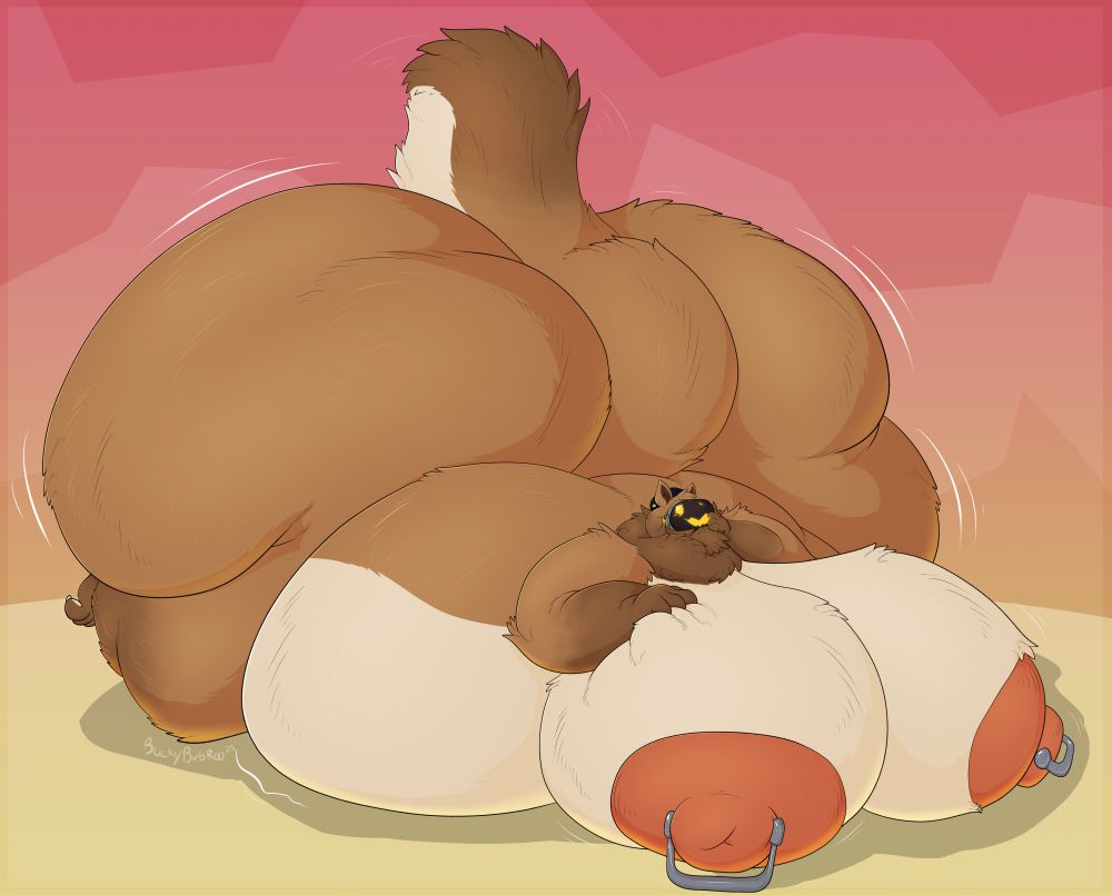 A massively fat protogen with a giant ass and pierced breasts is laying on their belly, looking bashful. Art by BuckyBirbRoo, character belongs to Mizion-Alicon