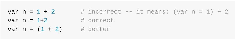 A screenshot from the Sidef programming language documentation, which shows how whitespace affects operator precedence, causing a mundane variable assignment to work incorrectly without parentheses or a lack of spaces.