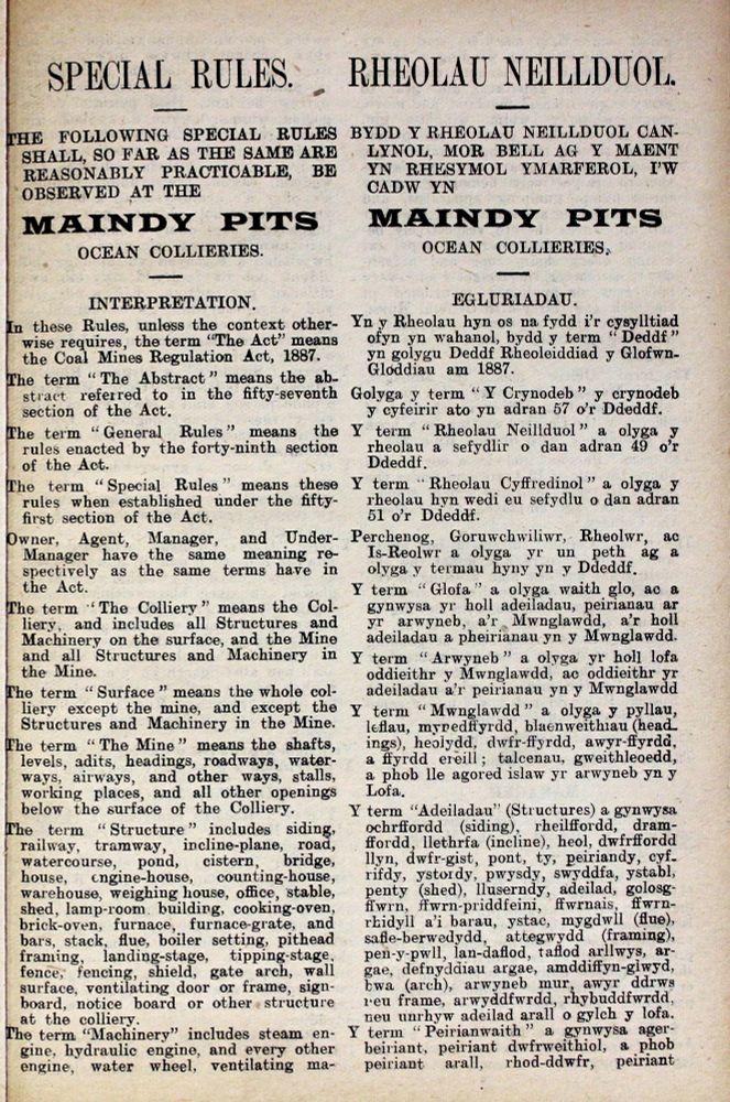 Rheolau Neidduol ar gyfer staff cwmni glo Ocean & National. Mae'r rheolau yn ddwyieithog - Saesneg ar chwith y dudalen a'r Gymraeg ar y dde.
