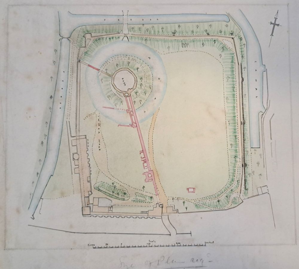 A coloured, hand-drawn ground plan of Cardiff Castle showing the keep in the upper corner, along with the lawn, new buildings, and the canal and dock feeder.