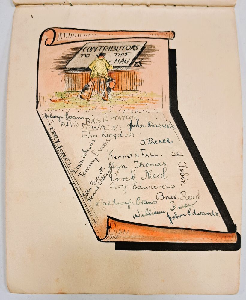 A list of contributors to the magazine with a sketch of a person seated at a desk drawing.