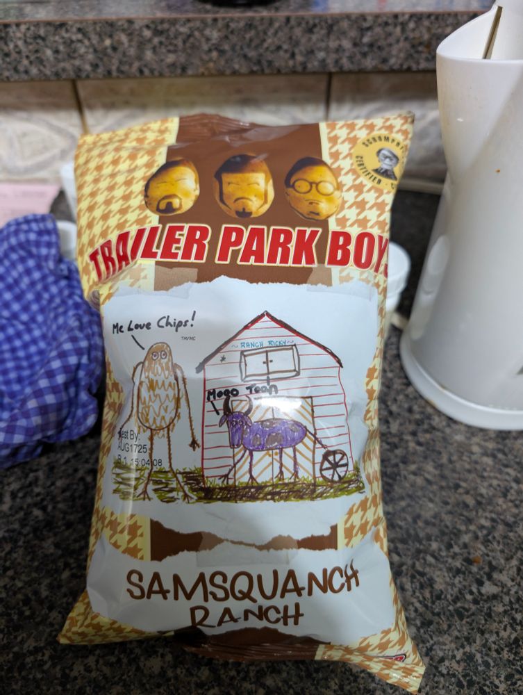 A bag of Trailer Park Boys chips Samsquanch Ranch.