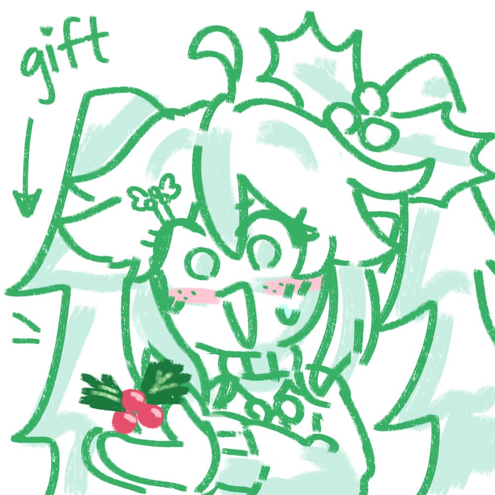 Digitally drawn sketch of a Christmas Miku design getting mistletoe as a gift with a surprised expression.