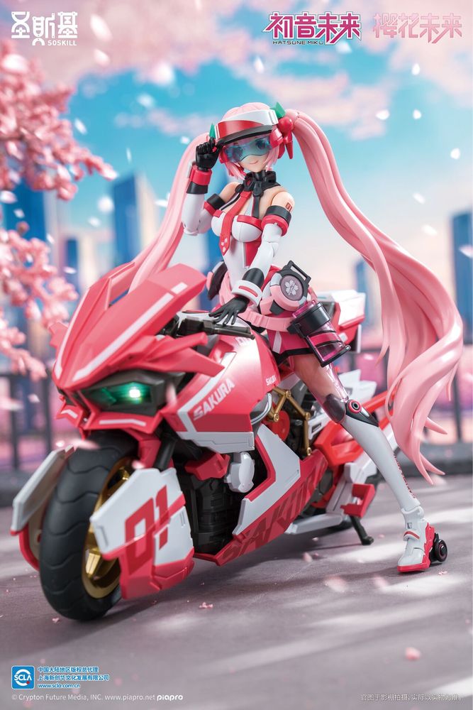 new sakura miku model kit featuring sakura miku on a motorcycle. she reminds me of good smile racing miku designs