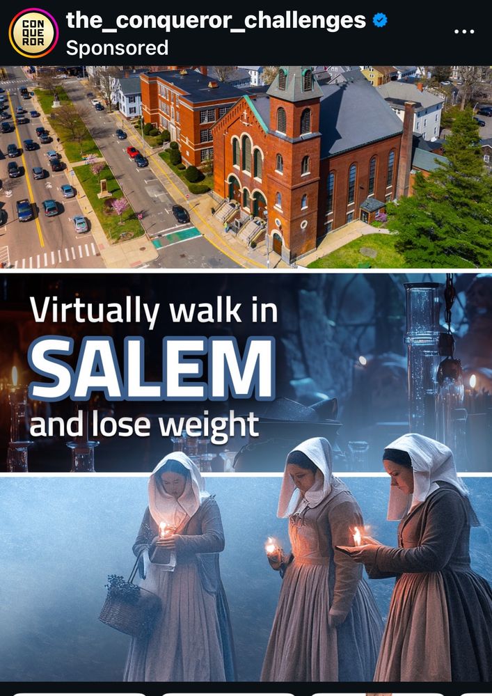 Images of fitness challenges with one of three women in period costumes and the words salem witchcraft trials challenge