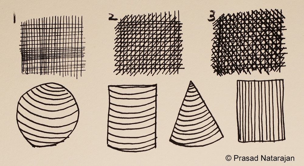 Numbers starting from 1 to 3 showing various cross hatching techniques, Contour Lines drawing in the form of basic shapes, circle, cylinder, cone and rectangle. Pen drawing warm-up exercises for beginners.  