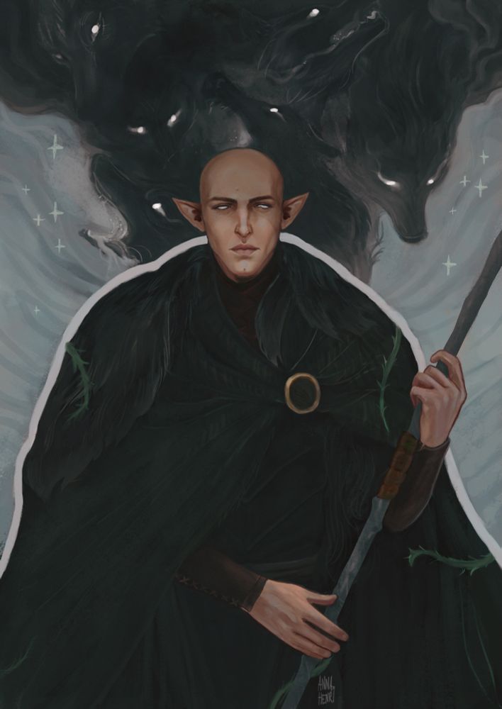 A cloaked male elf looking at the viewer holding a staff. Behind him there is a cloud of wolves with glowing eyes swirling around