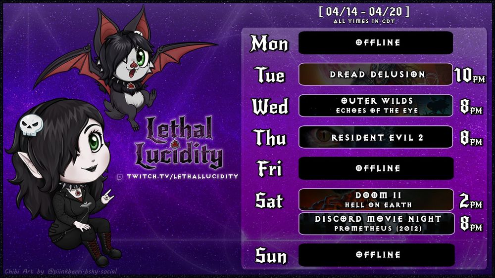 Graphic showing chibis of my models (vampire and bat) and the schedule for this week (CDT):

🦇 Tue @ 10pm | Dread Delusion
🦇 Wed @ 8pm | Outer Wilds: Echoes of the Eye
🦇 Thu @ 8pm | Resident Evil 2 (1999)
🦇 Sat @ 2pm | Doom 2
🦇 Sat @ 8pm | Discord Watch Party: Prometheus (2012)