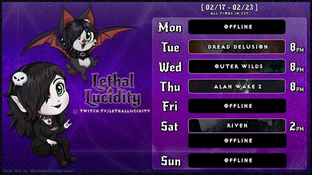 Graphic showing chibis of my models (vampire and bat) and the schedule for this week (CST):

🦇 Tue @ 8pm | Dread Delusion
🦇 Wed @ 8pm | Outer Wilds
🦇 Thu @ 8pm | Alan Wake 2
🦇 Sat @ 2pm | Riven