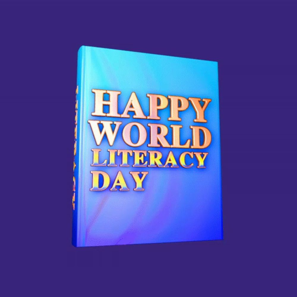 a blue book says happy world literacy day