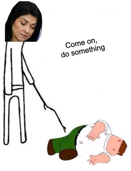 Come on do something Meme. Ein strichmännchen links im Bild sticht mit einem Stock auf einen am Boden liegenden schwer verletzten und tot wirkenden Peter Griffin (aus Family Guy) ein und fordert „come on, do something“ 