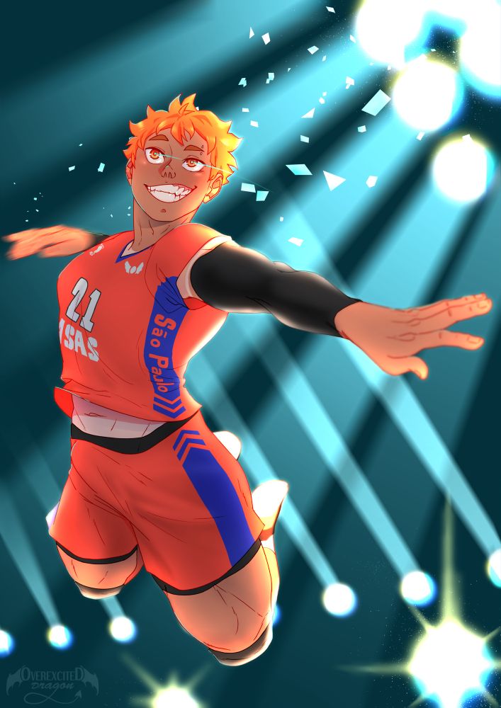 My art

Fan art of Hinata Shouyou in the ASAS São Paulo uniform, bathed in stadium lights and with a toothy grin as he jumps to spike a ball off the frame.