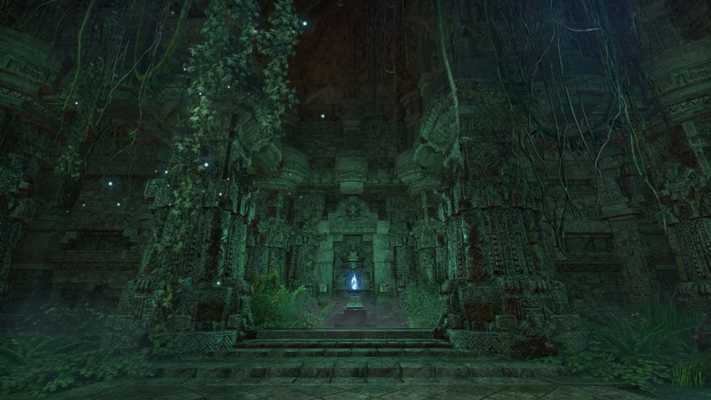 A green-tinted ruin, with a blue flame and vines growing all about.