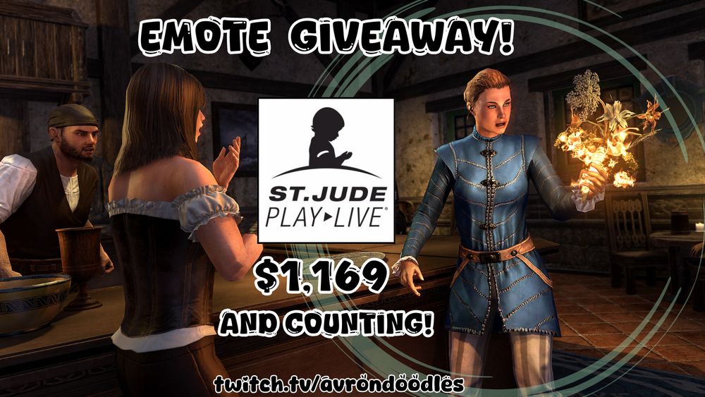 In the background are ESO characters at a tavern. Two characters, one male and one female, look on in shock as another, a female, holds up a bouquet of flowers on fire. The foreground says "Emote Giveaway! St. Jude Play Live: $1,169 and counting!"