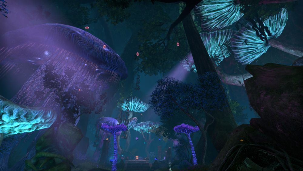A cave full of blue and purple mushrooms, with red petals falling down.