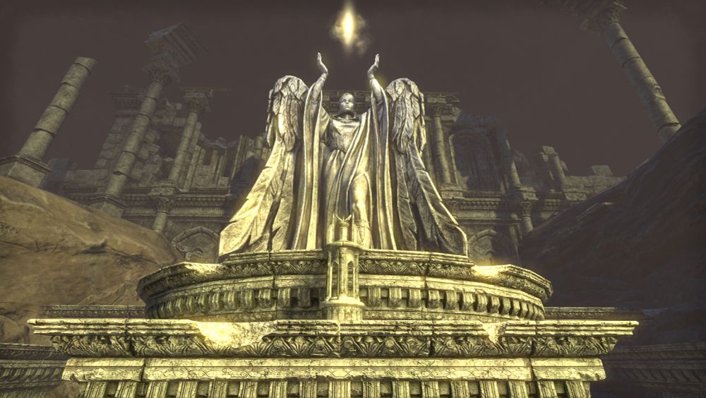A large statue of Meridia, holding aloft a glowing golden orb.