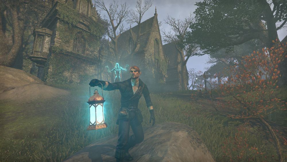 A picture of my ESO character, Faldaril, an Altmer male, standing atop a rock with a glowing lantern. Behind him is a spooky, overgrown building and what appears to be...a ghost!