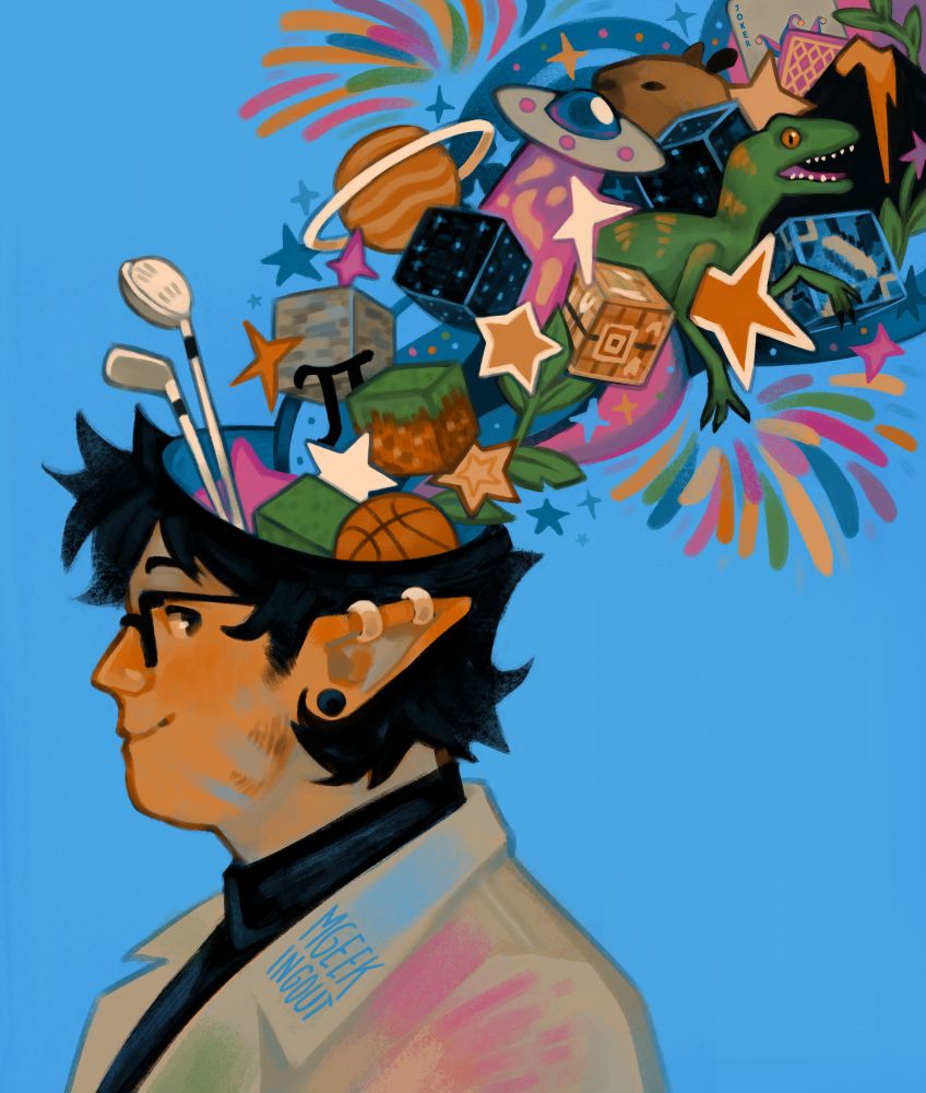 A digital painting of cubfan135. We can see his side-profile. He's wearing a white lab coat, black turleneck and black glasses. He has black hair and piercings. He's covered partially by different colour dyes (blue, pink and green). His head has been opened and we can see various things coming out of it: golf clubs; a basketball; various Minecraft blocks, including: grass, stone, light glazed terracotta, fletching table and sculk blocks; an orange planet; an alien spaceship; a capybara; a green raptor; a Pi symbol; leaves; a vulcano; a Joker card; exploding fireworks and many starts floating around.