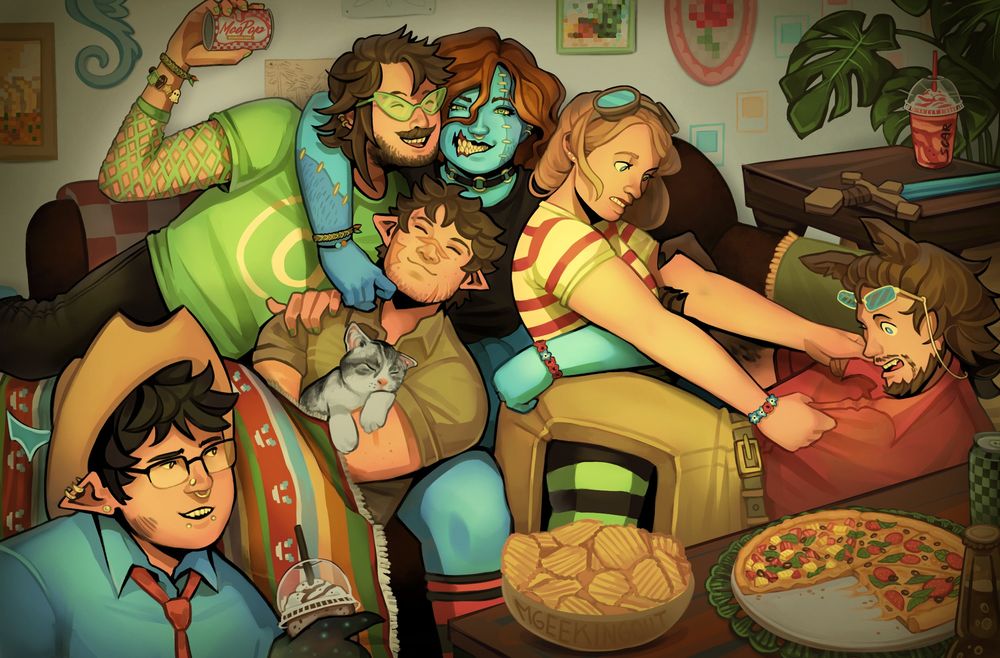 A digital painting of Hermitcraft characters: cubfan135, Joe Hills, ZombieCleo, GoodTimesWithScar, FalseSymmetry and Rendog. 