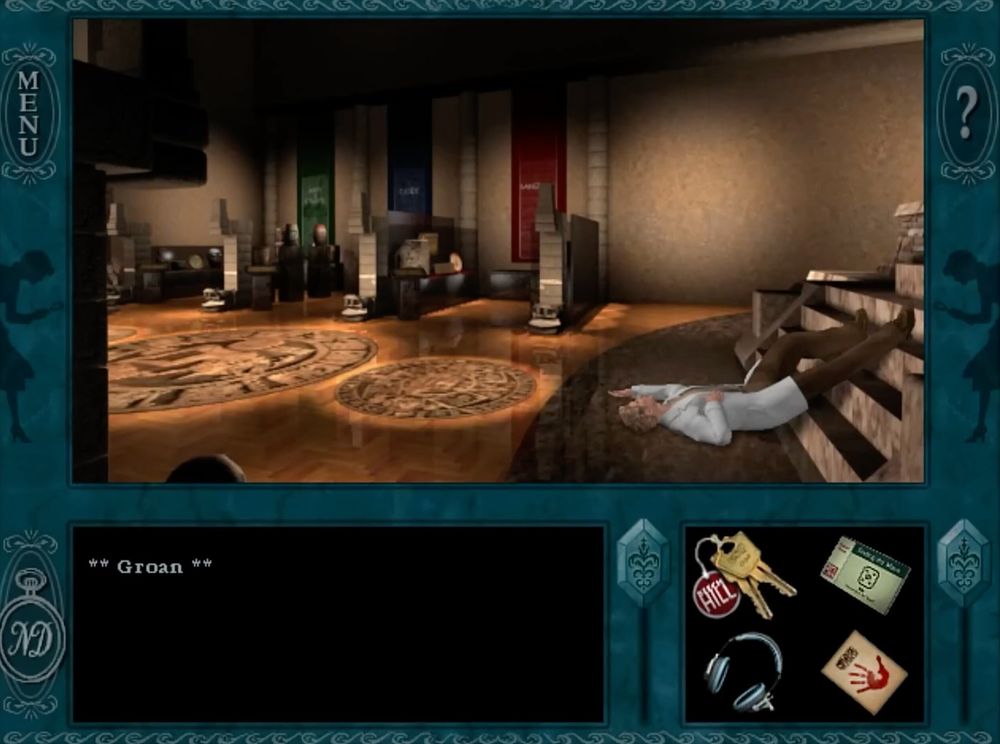 Henrik from Nancy Drew: Secret of the Scarlet Hand lying dramatically at the base of the pyramid in the museum. He now has amnesia, bless his hort.