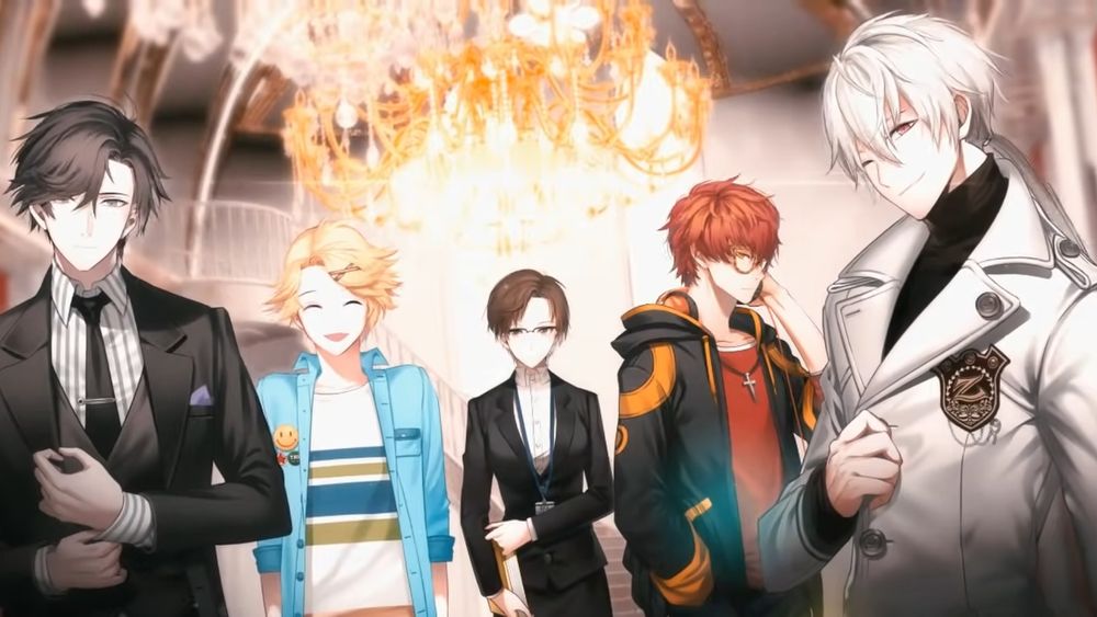 an image depicting the initial five datable characters from the 2016 korean otome game Mystic Messenger. On the far left is Jumin, a serious looking man in a suit and tie with black hair. Next is Yoosung, a younger blond college student who is smiling. In the middle is Jaehee (my favorite), a woman with short brown hair, glasses, and business attire with a lanyard. To her right is 707, a young man with red hair, glasses, a cross necklace, headphones, and casual clothing. Last is Zen, he has a white ponytail, red eyes, and a black turtleneck with a white coat over it. There is an extravagant chandelier above them.