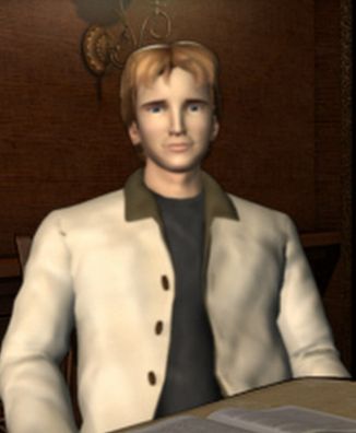 screenshot from the Nancy Drew game Last Train to Blue Moon Canyon. It's of Joe Hardy in a train car and he's also wearing an ugly beige coat with a brown collar.