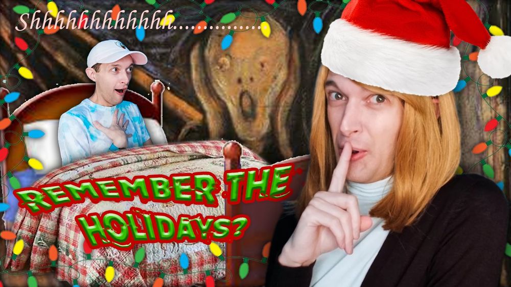 a holiday card that HMJ made in 2022. how do i begin to describe this. ok so on the right joe is wearing the bachel wig and a santa hat. he has his finger to his lips. the words "shhhhhhhhhhh................." are in the upper left corner. also on the left is an image of joe sitting up in a bed looking surprised. The words "REMEMBER THE HOLIDAYS?" are printed across the bed in green with a red border. The painting "The Scream" is in the background and colorful xmas lights wrap around the border of the image.
