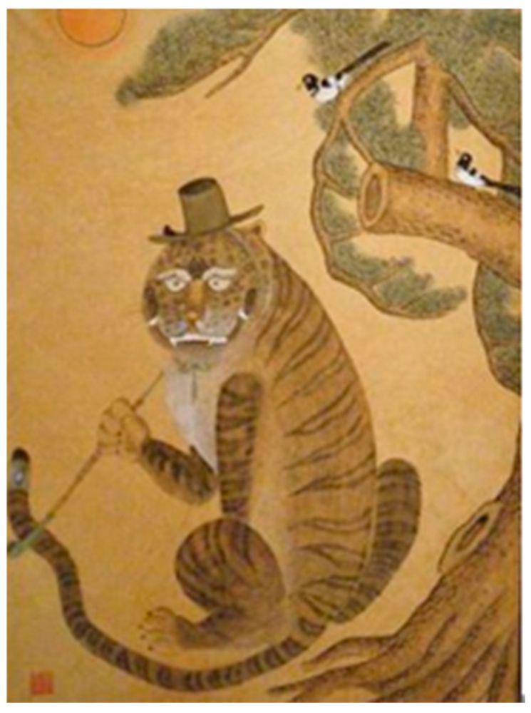 Traditional Korean image of a tiger sitting under a tree. It is wearing a Gat (traditional Korean hat) and smoking a long pipe. It has teeth like an Asian demon and a goofy looking face. In the tree are two black and white magpie birds.