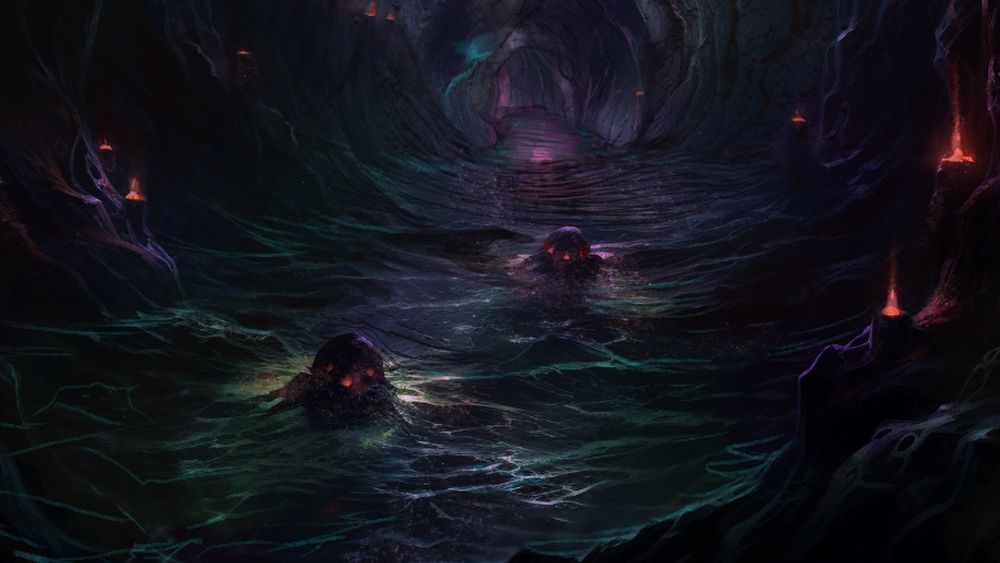 The walls and floor feel like liquid stone, the lights burning in the crevices produce a slow pulsing warmth, the air is comfortable, yet thick, as if you could swim through it like the ocean. A voice calling you deeper. The walls shift and change constantly. You are lost.