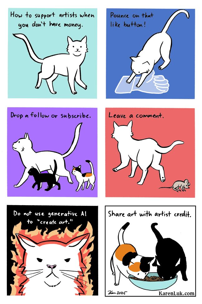 Cat comic about how to support artists for free by liking, following, subscribing, leaving a comment, not use generative AI, and sharing with credit.